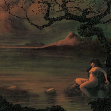 Mystical album cover art featuring a figure sitting by a lake with a tree in the foreground and mountains in the background under a dark sky.