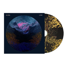 Charger l'image dans la galerie, CD cover art for Elder's album 'Lore' featuring a stylized, otherworldly landscape with a disc in the center displaying a contrasting dark and vibrant pattern.