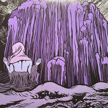 Charger l'image dans la galerie, Purple and black illustration of a hooded figure in front of a large purple rock formation.