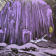 Charger l'image dans la galerie, Purple landscape with a glowing yellow light and a person lying on the ground, possibly dead.