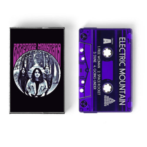 Cassette tape with purple and black design featuring a band on the cover