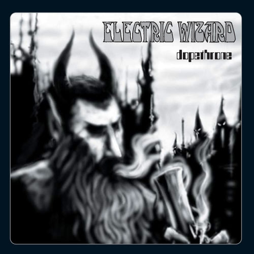 Album cover for 'Dopethrone' by Electric Wizard featuring a figure with horns and a smoking pipe.