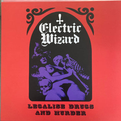 Album cover for Electric Wizard with purple silhouette and text on a red background