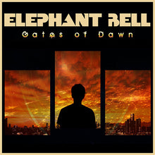 Load image into Gallery viewer, Album cover for 'Gates of Dawn' by Elephant Bell with a silhouette of a person looking out a window at a fiery sky.
