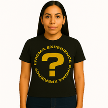 Charger l&#39;image dans la galerie, Woman wearing a black t-shirt with yellow text and question mark on a white background