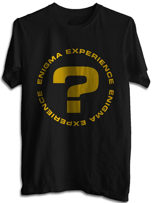 Black t-shirt with yellow question mark and text on a white background