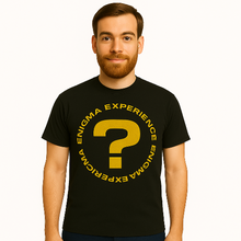 Charger l&#39;image dans la galerie, Man wearing a black t-shirt with yellow &#39;Enigma Experience&#39; design on a white background