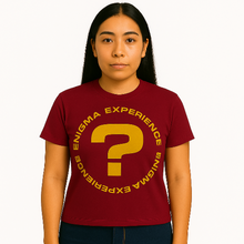 Cargar imagen en el visor de la galería, Person wearing a red t-shirt with &#39;Enigma Experience&#39; text and question mark on a white background