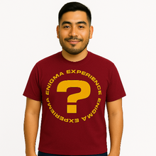 Cargar imagen en el visor de la galería, Man wearing a red t-shirt with yellow text and question mark on a white background