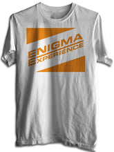 Cargar imagen en el visor de la galería, A white crew neck t-shirt with an orange and black &#39;Enigma Experience&#39; logo on the front.