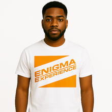 Cargar imagen en el visor de la galería, Person wearing a white t-shirt with &#39;Enigma Experience&#39; logo