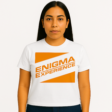 Cargar imagen en el visor de la galería, Person wearing a white t-shirt with &#39;Enigma Experience&#39; logo