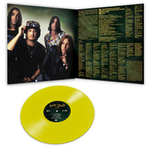 Cargar imagen en el visor de la galería, Yellow vinyl record with a black label featuring a band portrait and tracklist on a white background