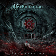 Cargar imagen en el visor de la galería, Album cover for 'Exhumation Traumaticon' with a gothic cathedral and person sitting in the foreground.