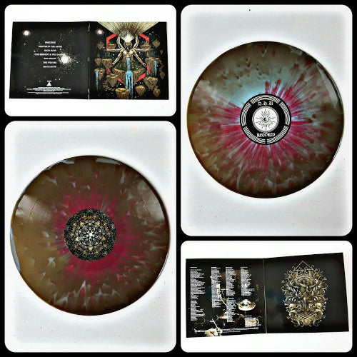 Vinyl record with colorful design and cover art on a white background