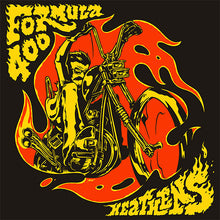 Load image into Gallery viewer, Illustration of a man on a motorcycle with flames and 'Formula 404' text on a black background