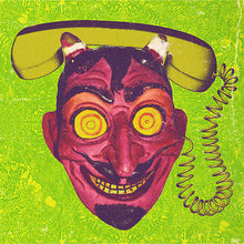 Load image into Gallery viewer, Vintage-style mask with yellow eyes and red face on a green background