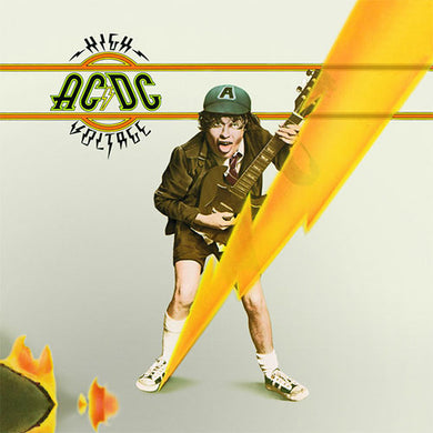 Album cover of AC/DC's 'High Voltage' with a person playing guitar and lightning bolt design.