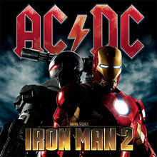Load image into Gallery viewer, AC/DC - Iron Man 2 front album cover with Two characters in superhero costumes text on a dark background