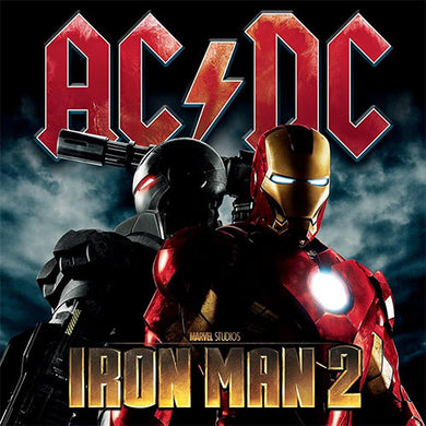AC/DC - Iron Man 2 front album cover with Two characters in superhero costumes text on a dark background