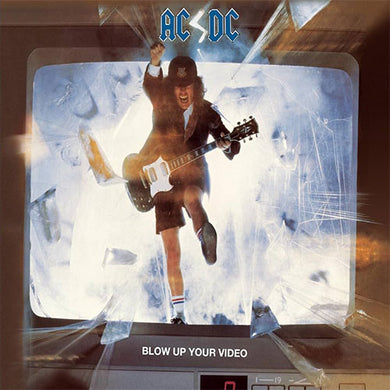 AC/DC - Blow Up Your Video front album cover with a person playing guitar, jumping out of a television set, featuring AC/DC logo.
