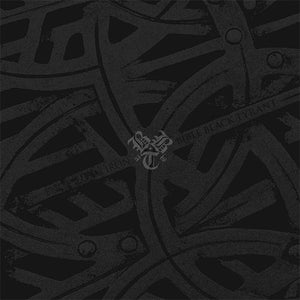 Bible Black Tyrant - Encased In Iron front album cover with black metal tool with intricate design on a black background