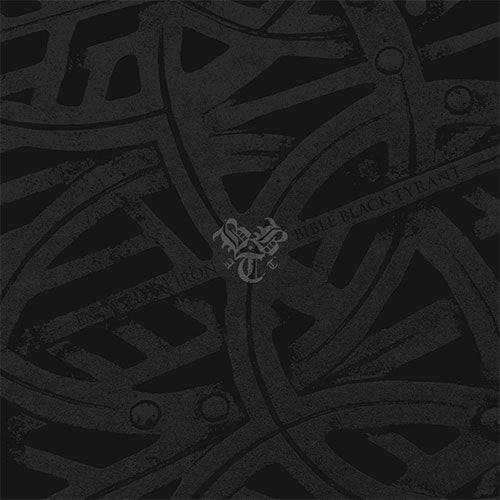 Bible Black Tyrant - Encased In Iron front album cover with black metal tool with intricate design on a black background