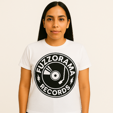 Cargar imagen en el visor de la galería, Person wearing a white t-shirt with Fuzzorama Records logo on a beige background
