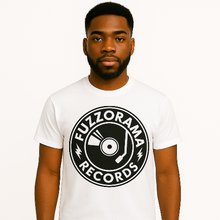 Load image into Gallery viewer, Person wearing a white t-shirt with Fuzzorama Records logo