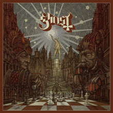 Cargar imagen en el visor de la galería, Album cover with chess pieces and statues in a grandiose setting, featuring the band &#39;Ghost&#39;.