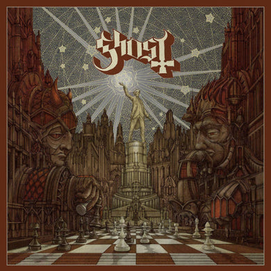 Album cover with chess pieces and statues in a grandiose setting, featuring the band 'Ghost'.