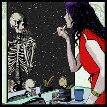 Charger l'image dans la galerie, Illustration of a woman applying makeup to a skeleton in a starry night setting.