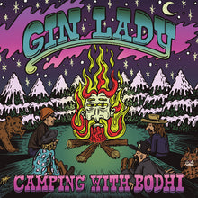 Charger l'image dans la galerie, Album cover with 'Gin Lady' and 'Camping with Bodhi' text, featuring a campfire and people around it against a mountain and starry sky background.