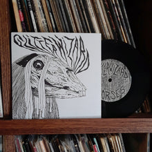 Load image into Gallery viewer, Vinyl record with a zebra-striped deer illustration on a shelf with other records.