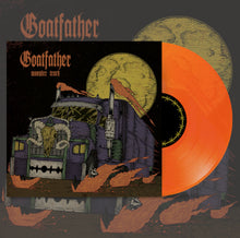 Load image into Gallery viewer, Vinyl record with a dark cover featuring 'Goatfather' and an orange disc.