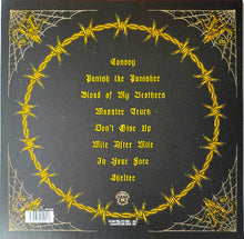 Load image into Gallery viewer, Back cover of a music album with barbed wire design and track list on a black background