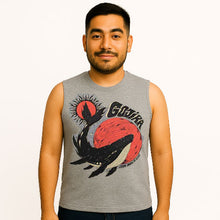 Load image into Gallery viewer, Man wearing a sleeveless gray shirt with a graphic design on a white background