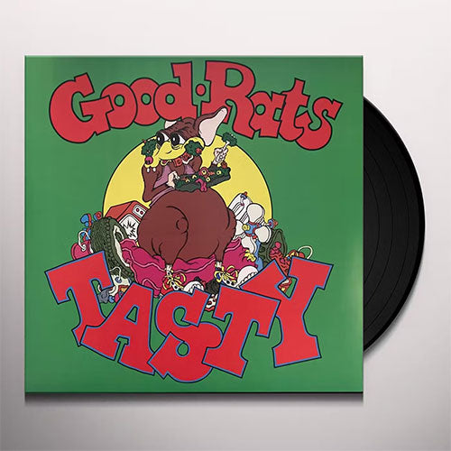 Vinyl record with a colorful cover featuring cartoonish rats and the text 'Good Rats Tasty' on a green background.