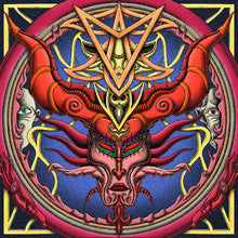 Load image into Gallery viewer, Decorative design with a central face-like figure, red horns, and a blue background.