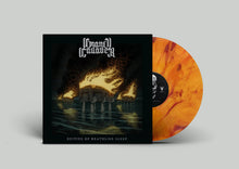Cargar imagen en el visor de la galería, Vinyl record with orange and black marbled design and album cover featuring artistic design.