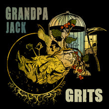 Load image into Gallery viewer, Illustration with 'Grandpa Jack Grits' text, rhinoceros, and birdcage on a black background
