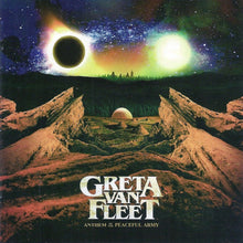 Cargar imagen en el visor de la galería, Album cover for 'Anthem of the Peaceful Army' by Greta Van Fleet featuring a futuristic landscape with two suns and a planet.