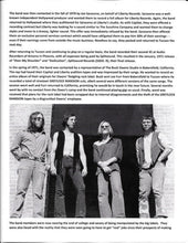 Cargar imagen en el visor de la galería, Black and white photo of four band members posing against a brick wall with text about their music career.