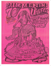 Cargar imagen en el visor de la galería, Pink poster for a concert featuring Deep Purple with a stylized illustration of a figure on a horse.