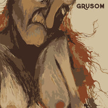 Load image into Gallery viewer, Close-up of an elephant with a textured brown background and 'GRUSOM' branding.