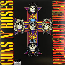 Cargar imagen en el visor de la galería, Album cover for 'Appetite for Destruction' by Guns N' Roses with stylized faces and cross design.