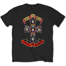 Load image into Gallery viewer, Black t-shirt with Guns N' Roses graphic design on a white background