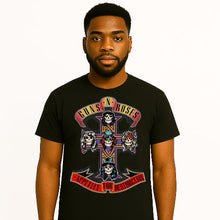 Load image into Gallery viewer, Person wearing a black 'Guns N' Roses' t-shirt with band logo and text.
