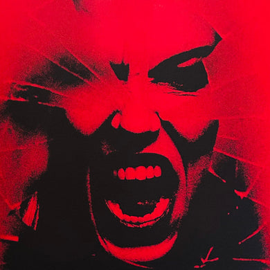 Stylized black and red illustration of a figure with a fierce expression on a red background