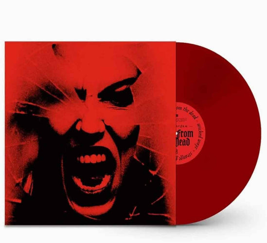 Vinyl record with a red cover featuring a black and white illustration of a face.